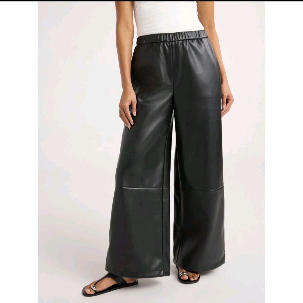Scoop Womens Pants Size Medium 8-10 Black Faux Leather Wide Leg Parachute Baggy‎